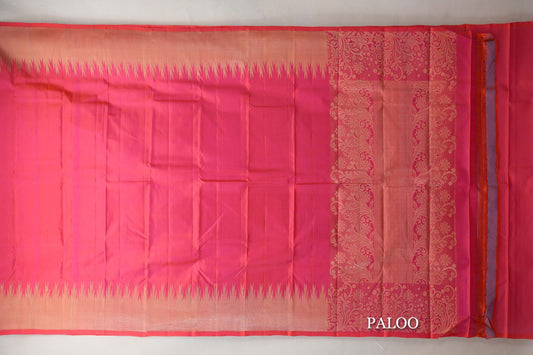 Orangish Pink with Temple Borders Light Weight Kanchipuram Silk Saree paloo