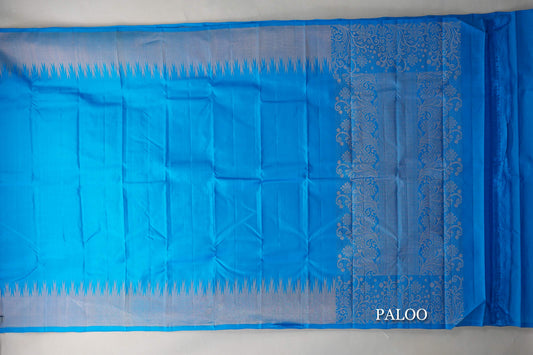 Deep Sky Blue with Temple Borders Light Weight Kanchipuram Silk Saree paloo
