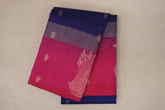 Deep Blue with Bright Pink Borders Light Weight Kanchipuram Silk Saree