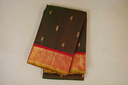 folded Manthulir Green with Red Borders  Vintage Kanjivaram Silk Saree 