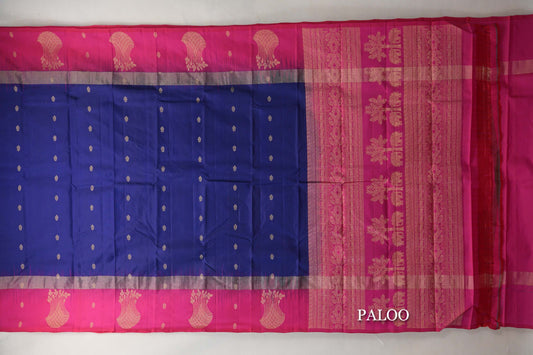 Deep Blue with Bright Pink Borders Light Weight Kanchipuram Silk Saree paloo