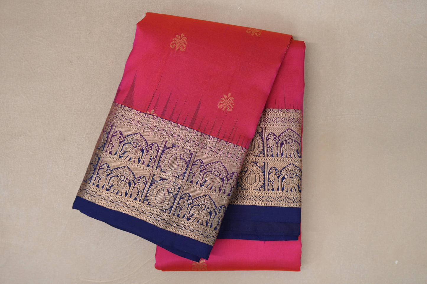 Orangish Pink with Deep Blue Borders Light Weight Kanchipuram Silk Saree