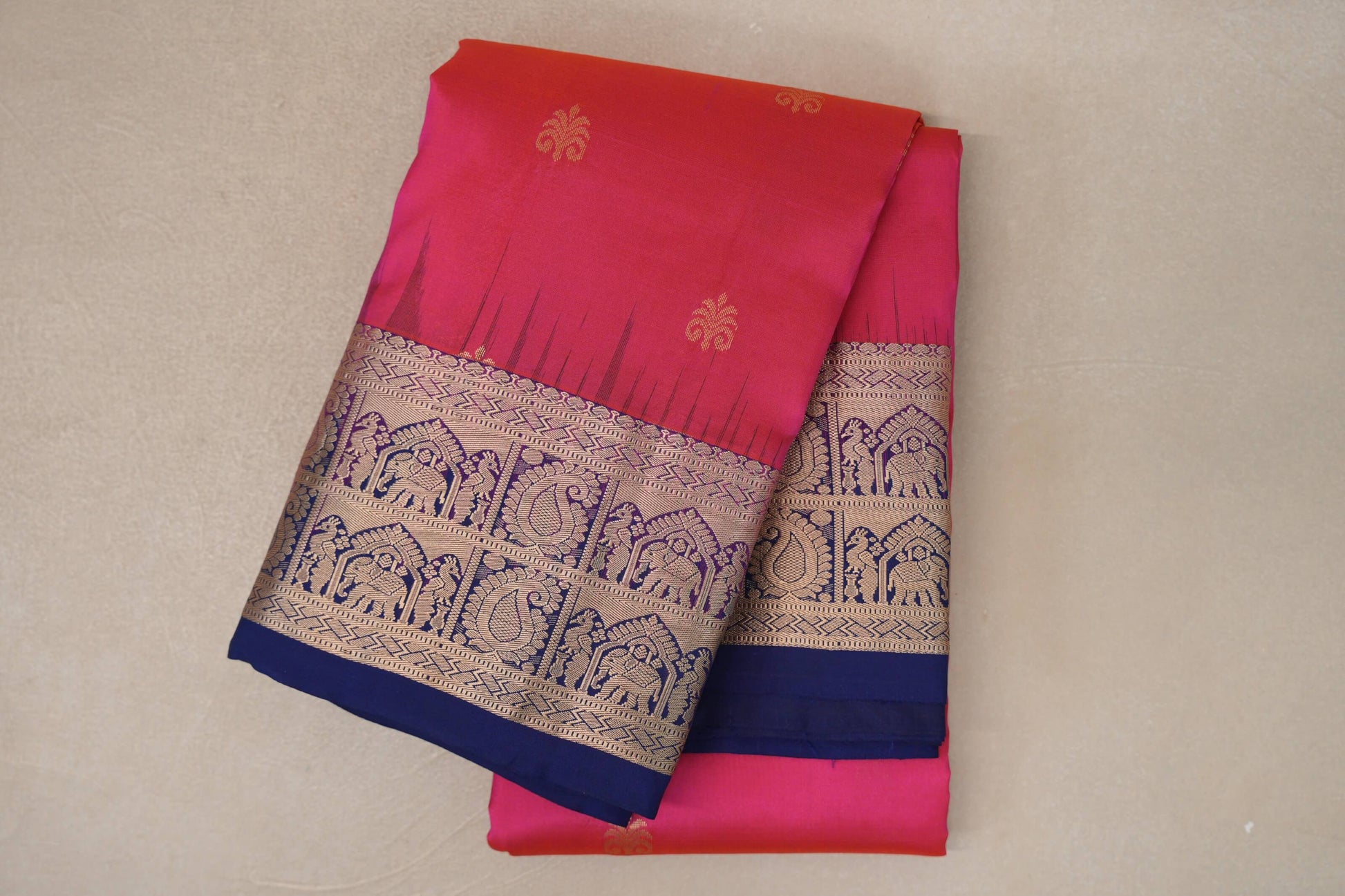 Orangish Pink with Deep Blue Borders Light Weight Kanchipuram Silk Saree