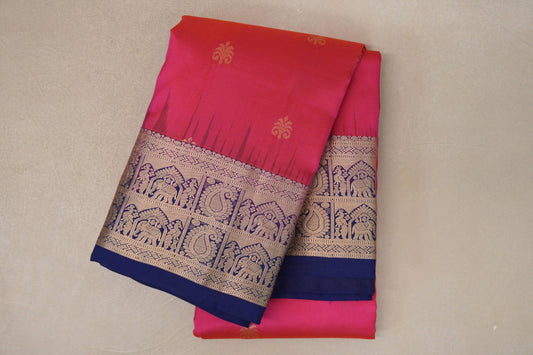 Orangish Pink with Deep Blue Borders Light Weight Kanchipuram Silk Saree