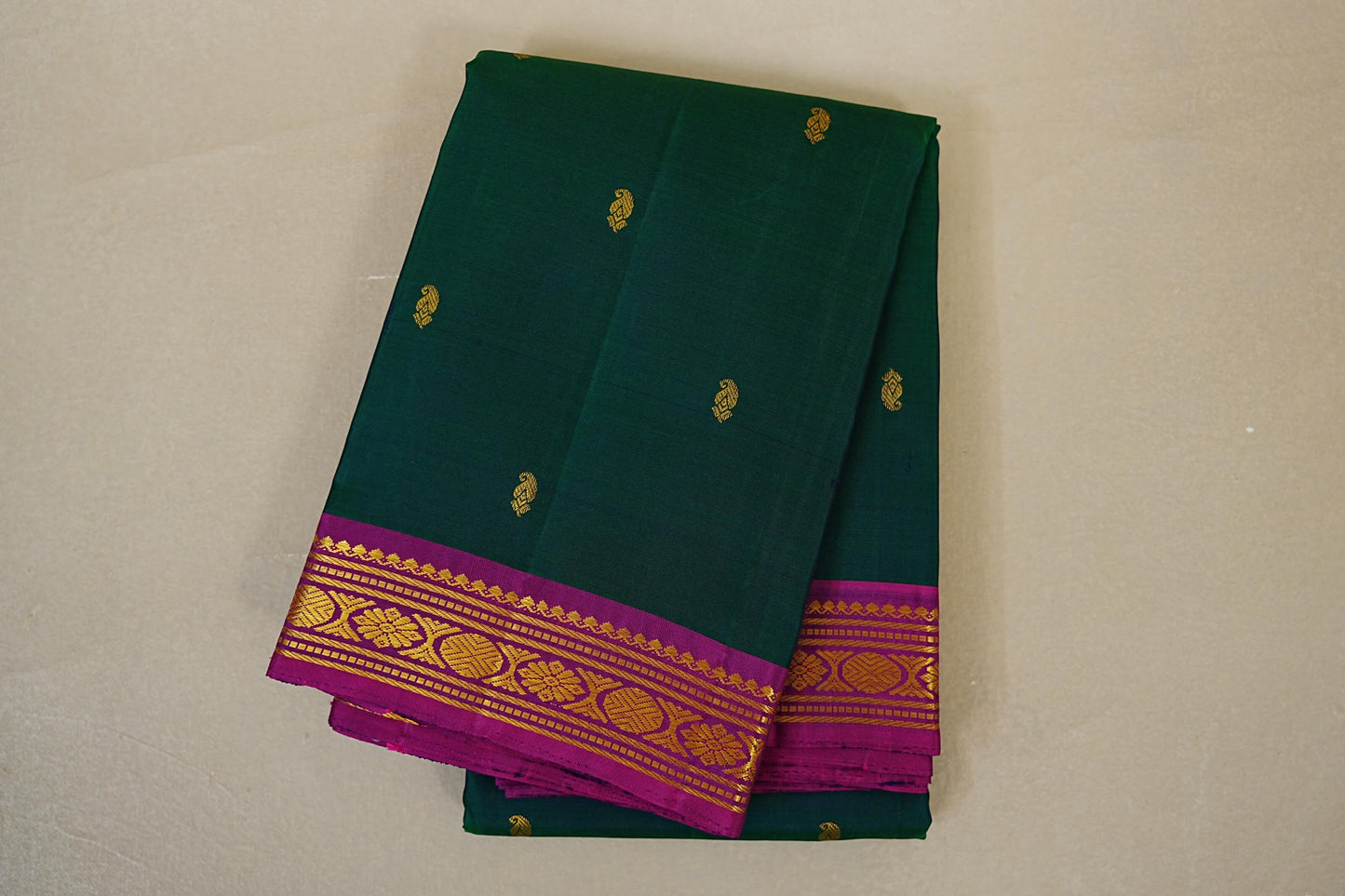 folded Peacock Green with Magenta Borders Vintage Kanjivaram Silk Saree