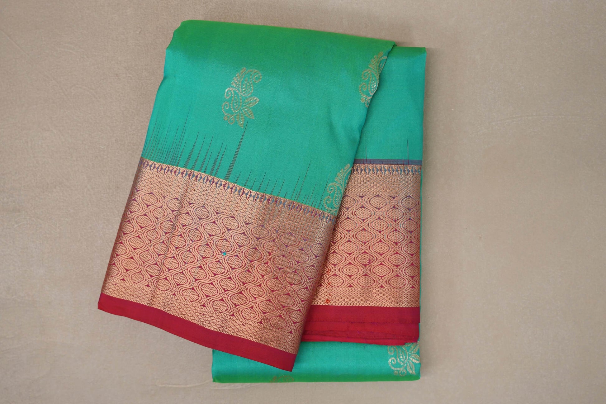 Bluish Green with Bright Pink Borders Light Weight Kanchipuram Silk Saree 