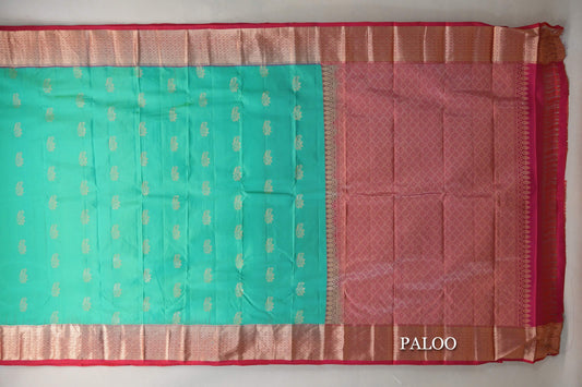 Bluish Green with Bright Pink Borders Light Weight Kanchipuram Silk Saree paloo