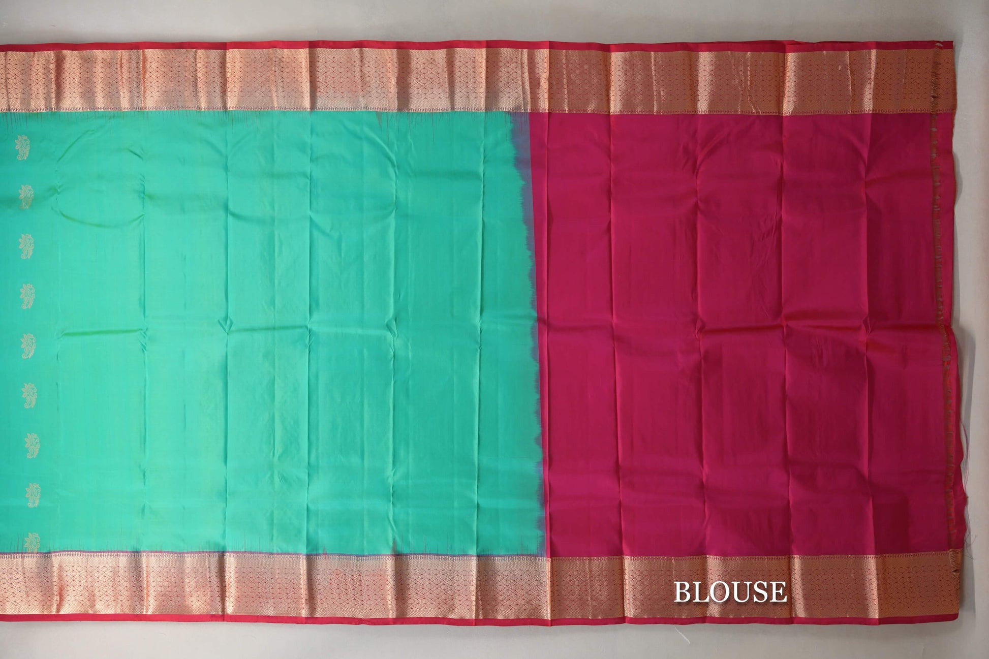 Bluish Green with Bright Pink Borders Light Weight Kanchipuram Silk Saree  blouse