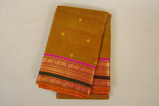 folded Mustard Yellow with Olive Green Dual Tone Vintage Kanjivaram Silk Saree