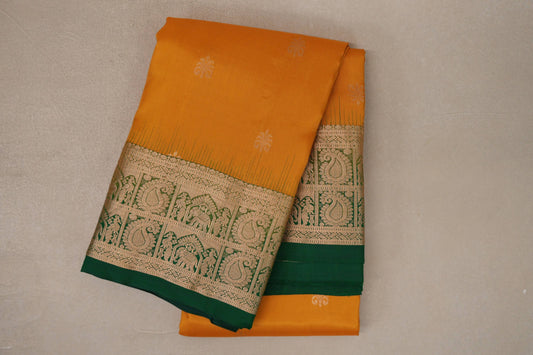 Bright Mango Yellow with Bottle Green Borders Light Weight Kanchipuram Silk Saree