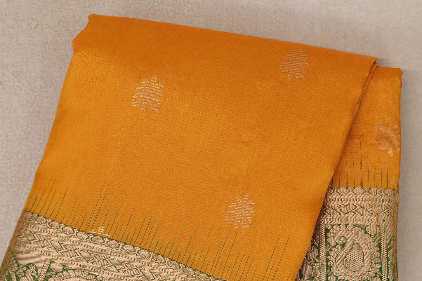Bright Mango Yellow with Bottle Green Borders Light Weight Kanchipuram Silk Saree body