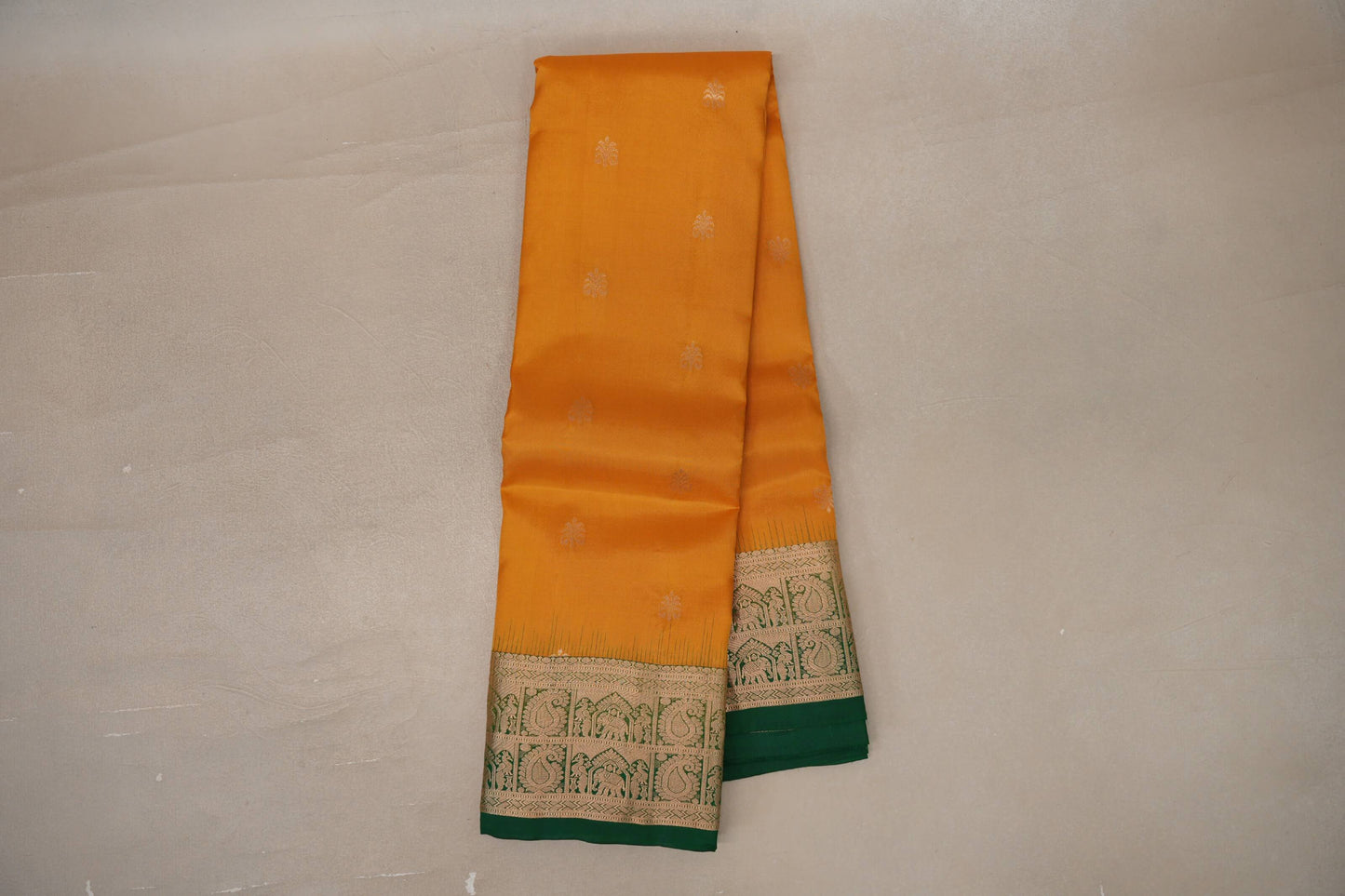 Online Bright Mango Yellow with Bottle Green Borders Light Weight Kanchipuram Silk Saree