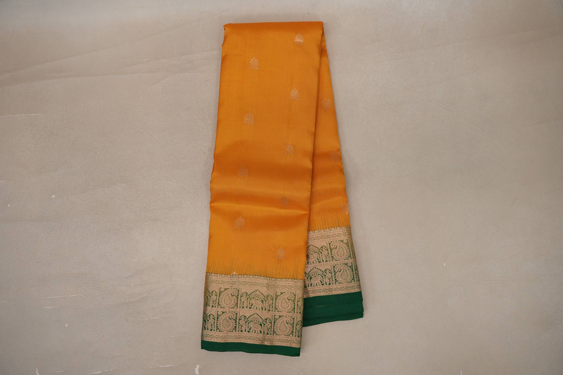 Online Bright Mango Yellow with Bottle Green Borders Light Weight Kanchipuram Silk Saree