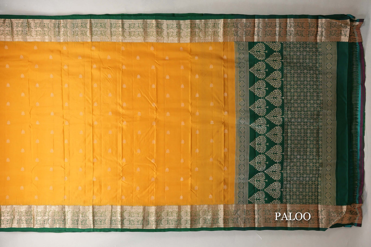 Bright Mango Yellow with Bottle Green Borders Light Weight Kanchipuram Silk Saree paloo