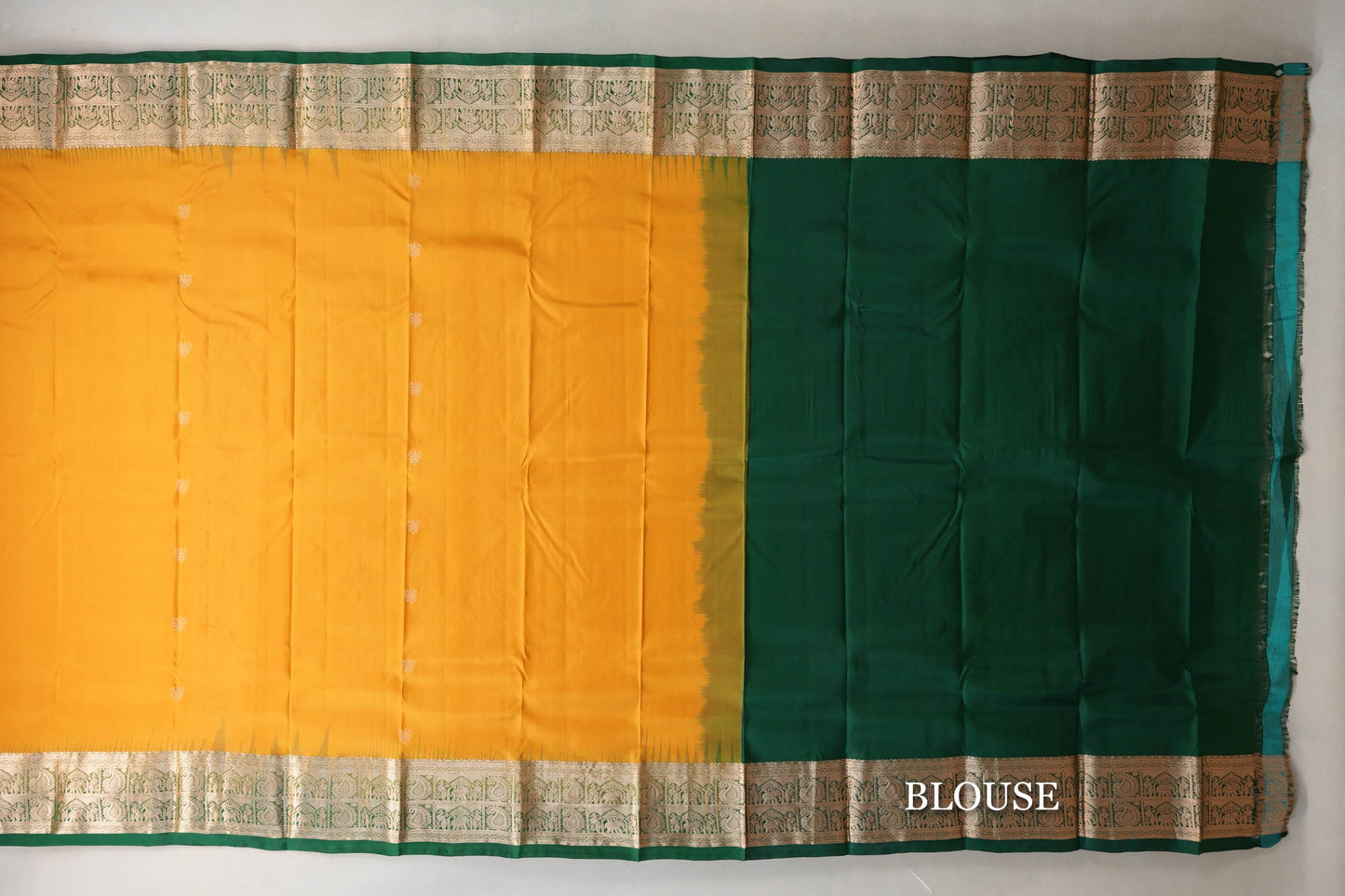 Bright Mango Yellow with Bottle Green Borders Light Weight Kanchipuram Silk Saree blouse