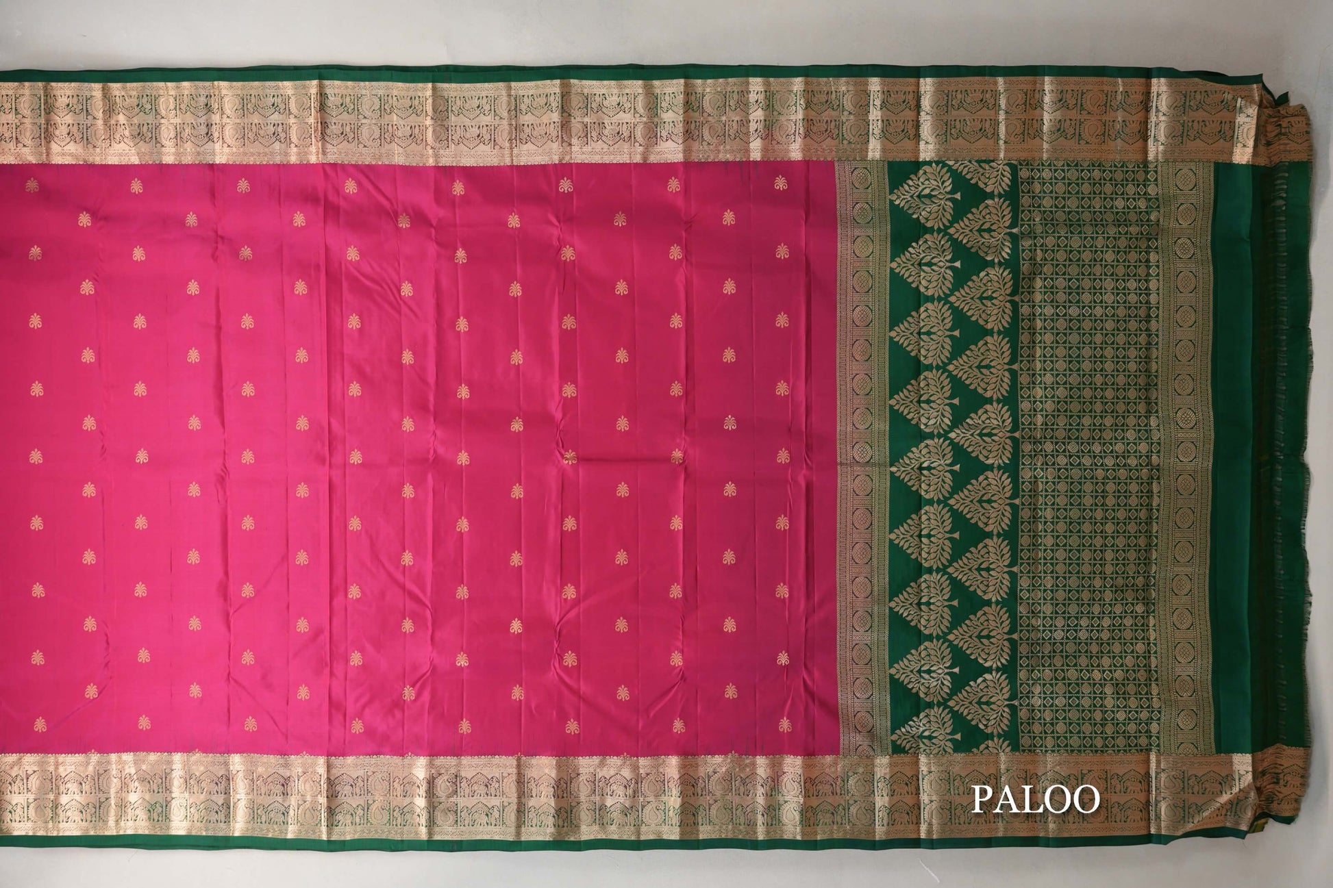 Rani Pink with Bottle Green Borders Light Weight Kanchipuram Silk Saree paloo