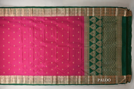 Rani Pink with Bottle Green Borders Light Weight Kanchipuram Silk Saree paloo