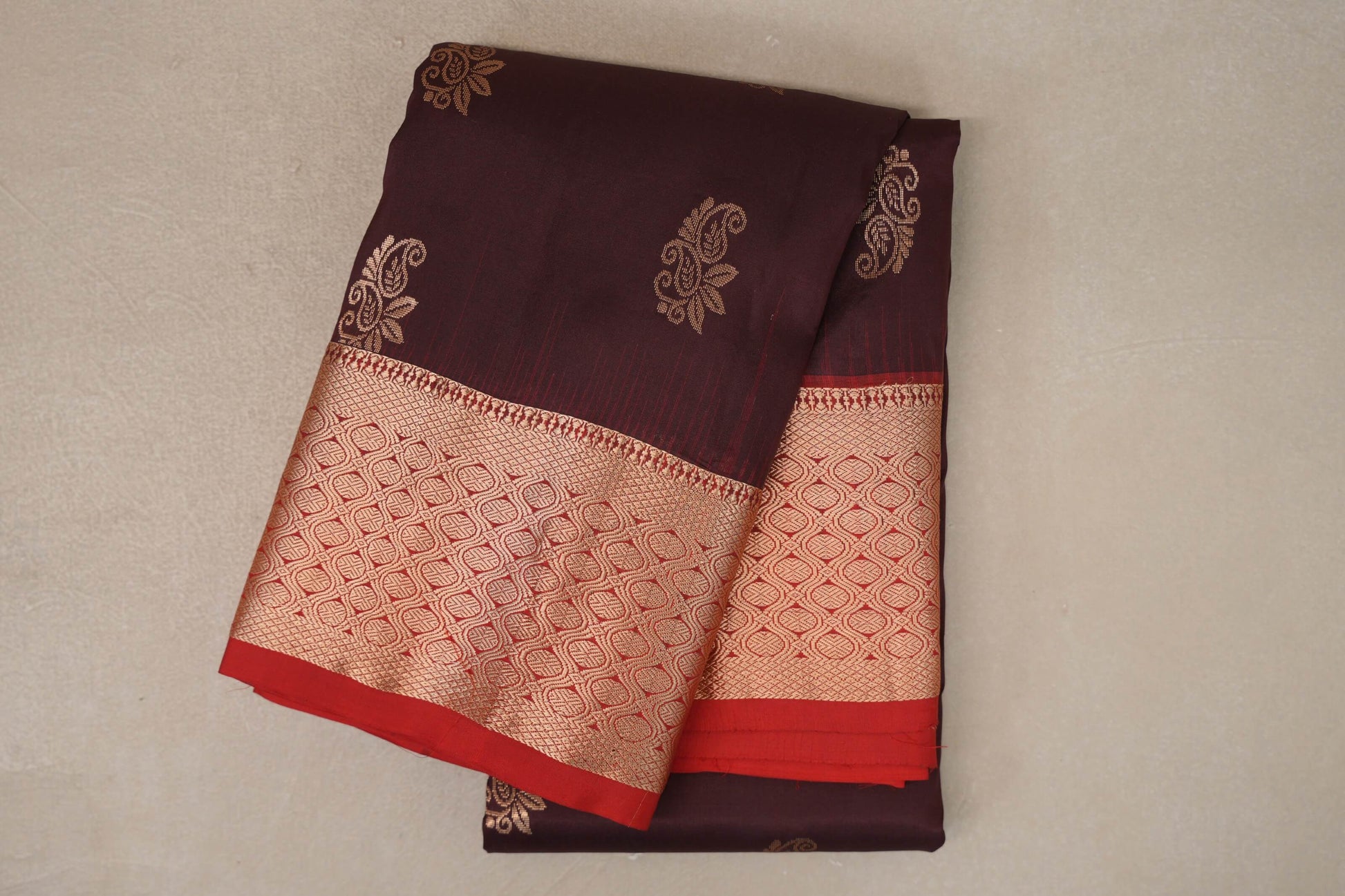 Deep Coffee Brown with Tomato Red Borders Light Weight Kanchipuram Silk Saree