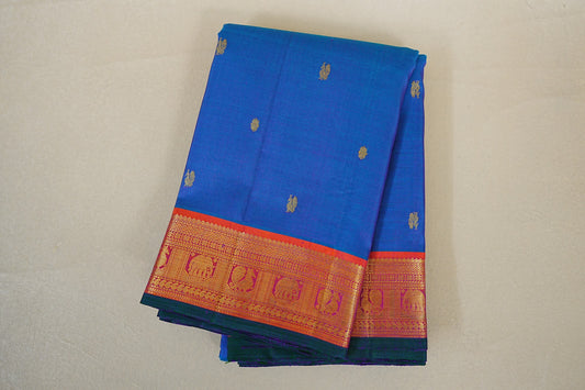 folded Dual Tone Blue and Green with Multi Color Borders Vintage Kanjivaram Silk Saree