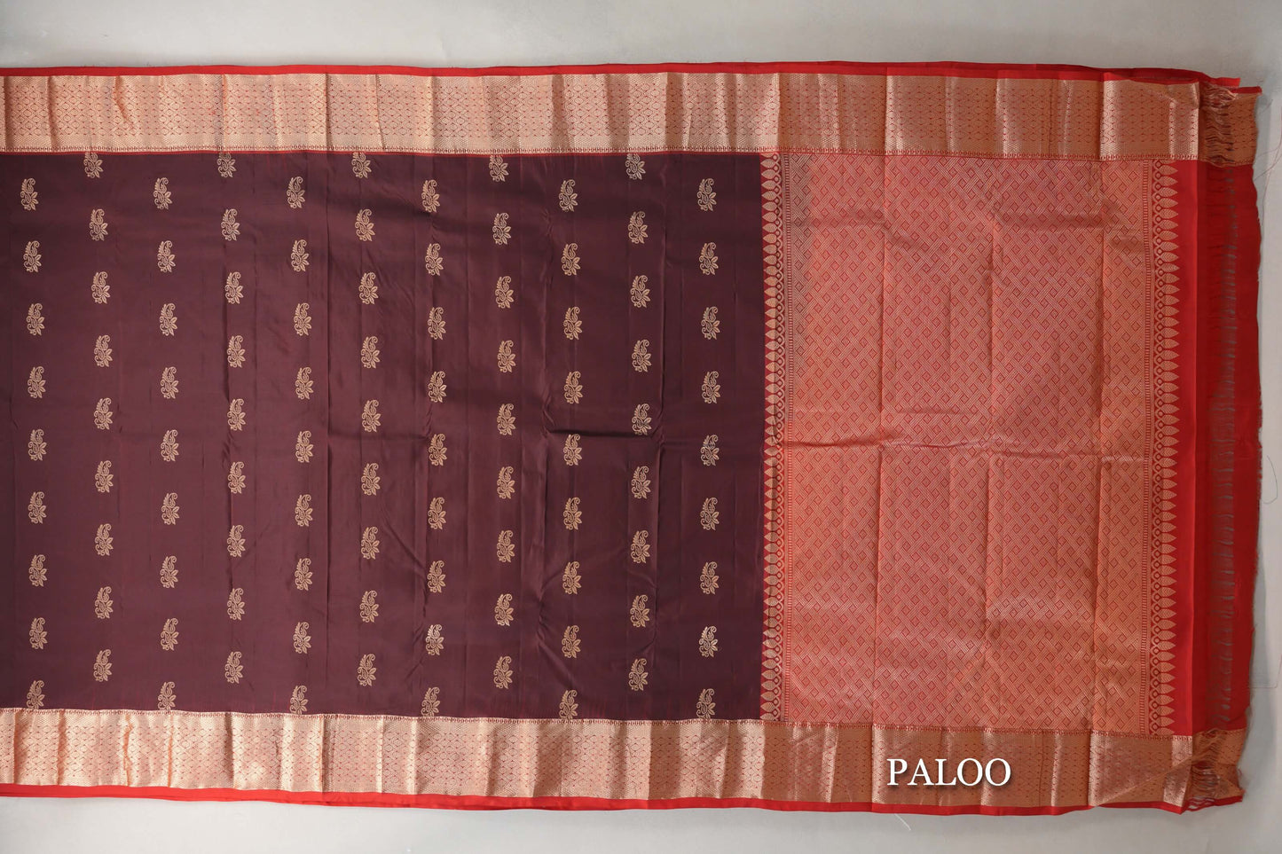 Deep Coffee Brown with Tomato Red Borders Light Weight Kanchipuram Silk Saree paloo