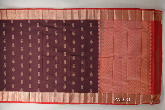 Deep Coffee Brown with Tomato Red Borders Light Weight Kanchipuram Silk Saree paloo