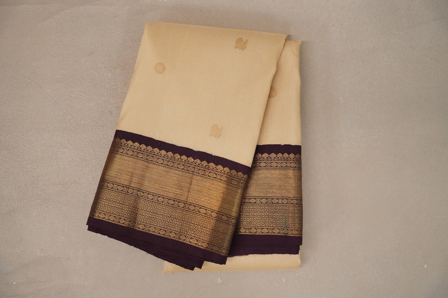 Sandal Cream and Deep Plum Borders Plant Based Kanjivaram Silk Saree