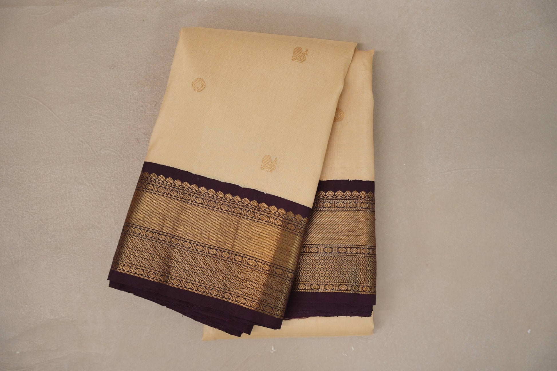 Sandal Cream and Deep Plum Borders Plant Based Kanjivaram Silk Saree