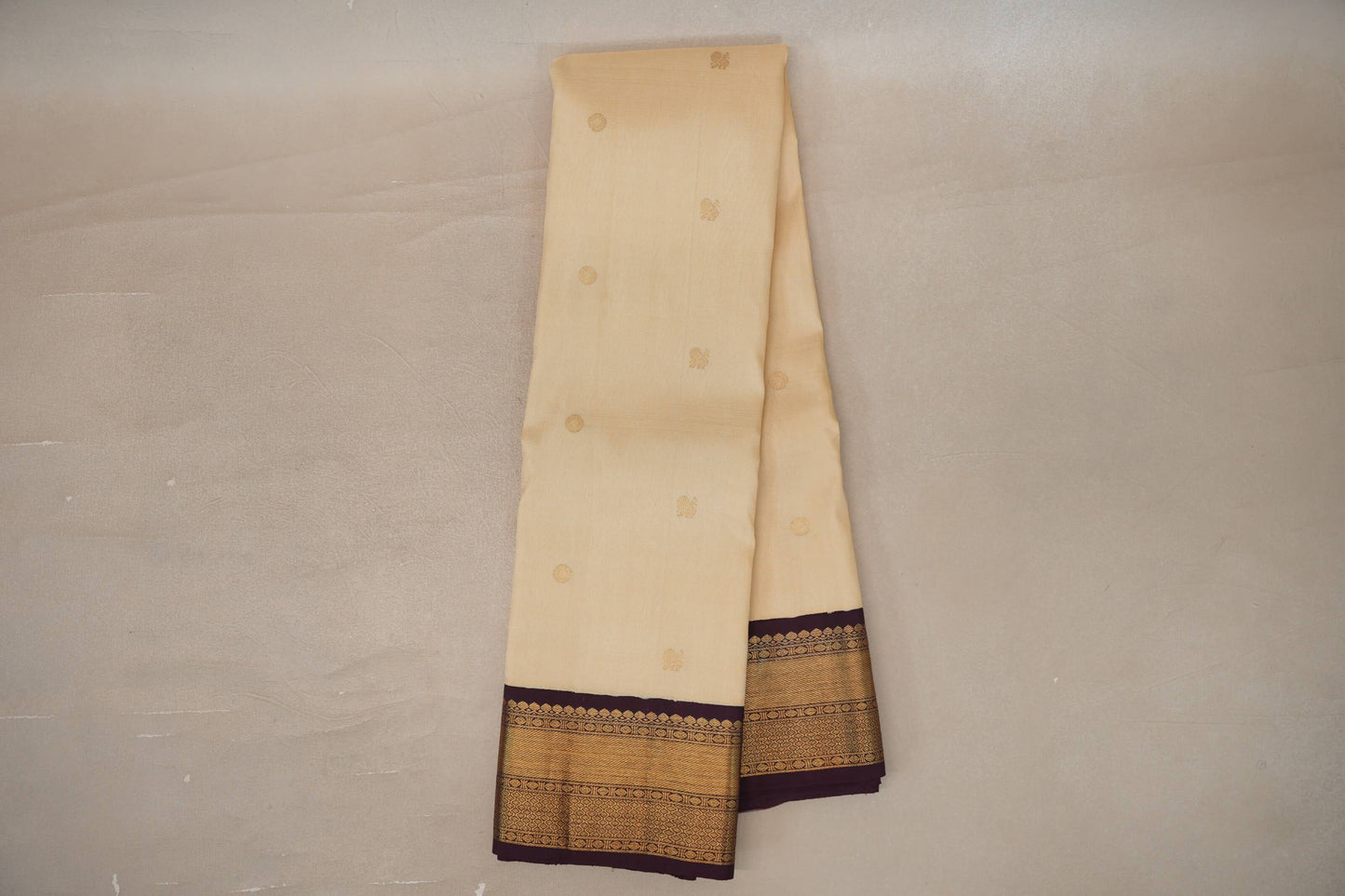 Online Sandal Cream and Deep Plum Borders Plant Based Kanjivaram Silk Saree