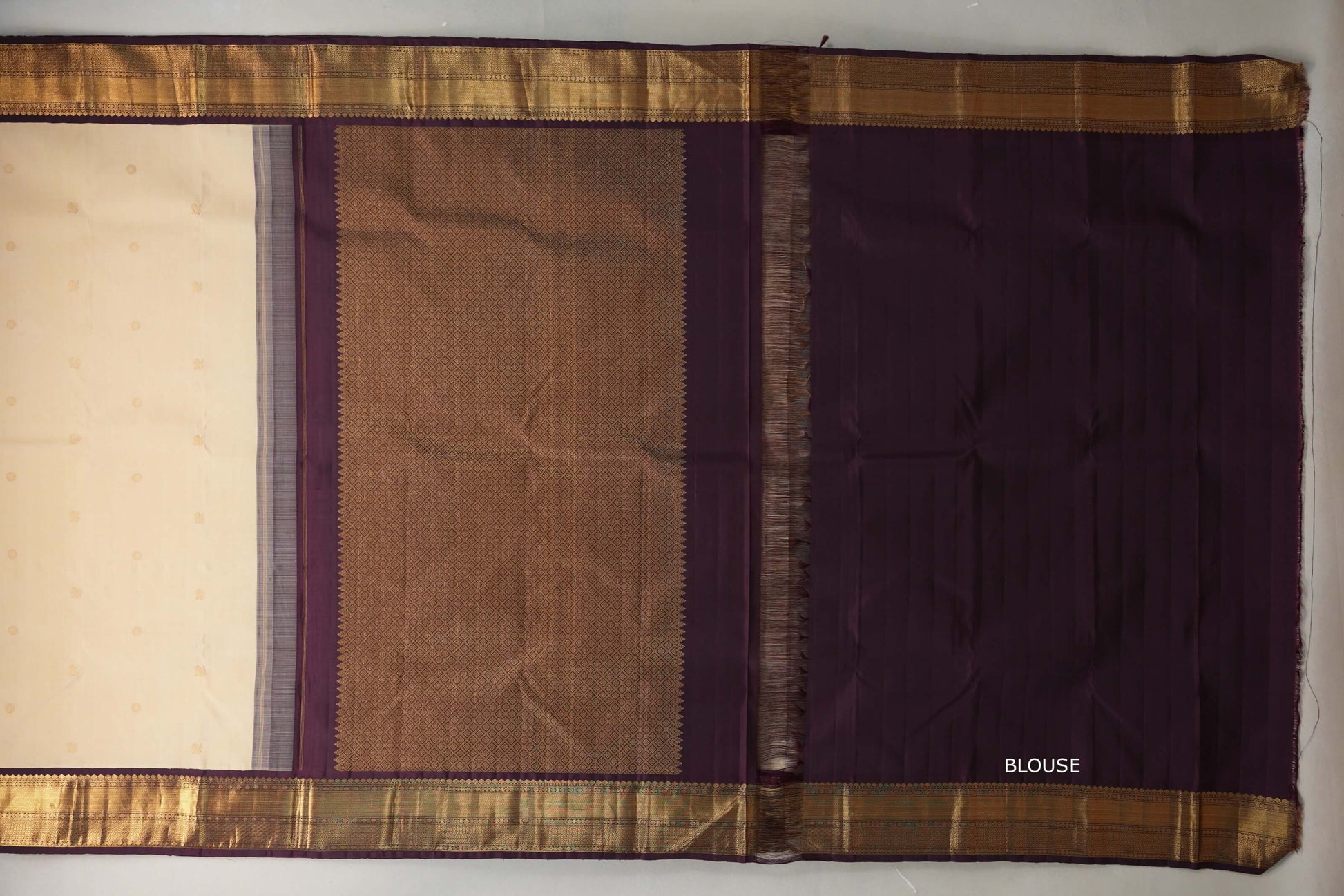 Sandal Cream and Deep Plum Borders Plant Based Kanjivaram Silk Saree blouse