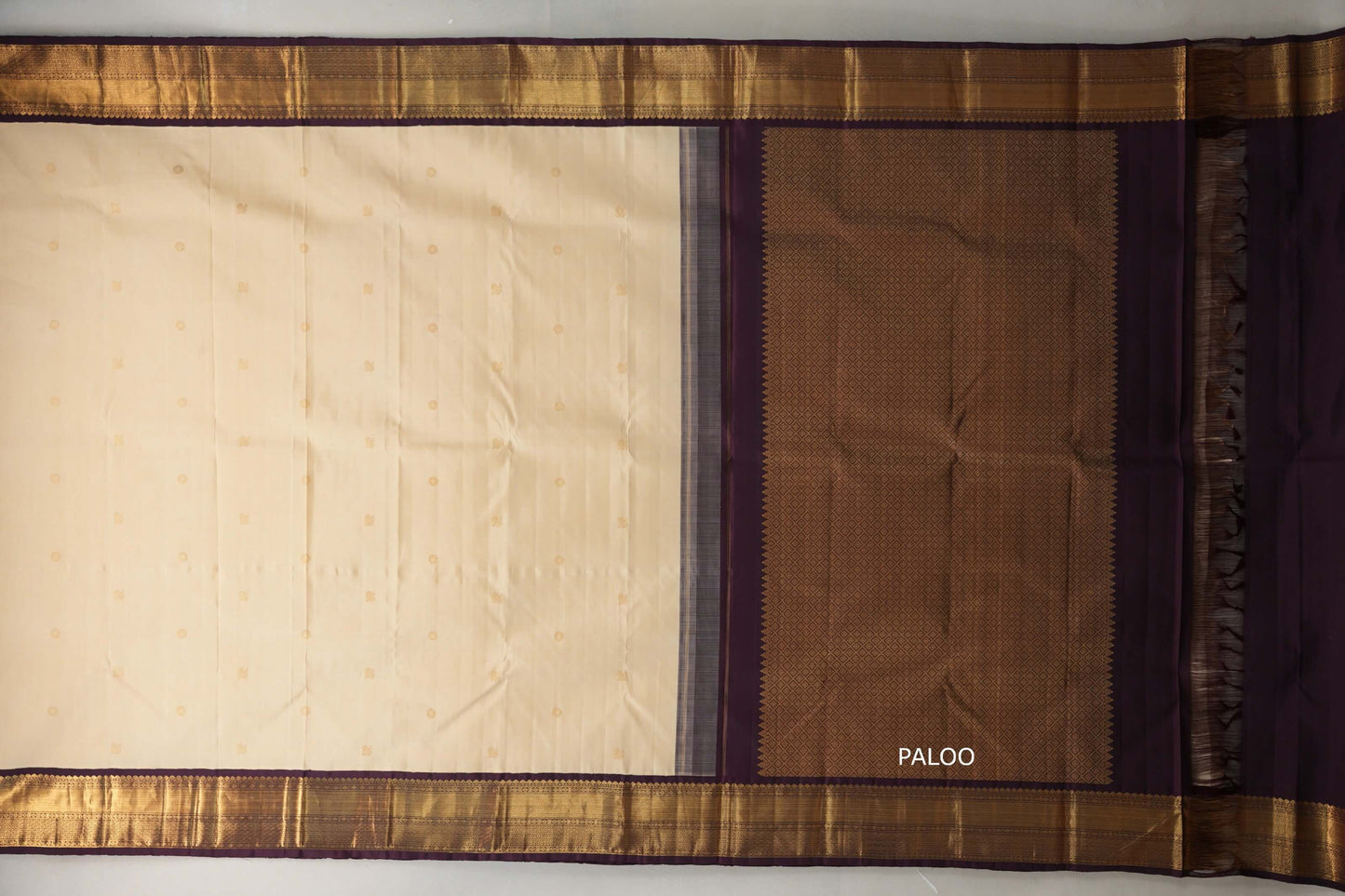 Sandal Cream and Deep Plum Borders Plant Based Kanjivaram Silk Saree paloo