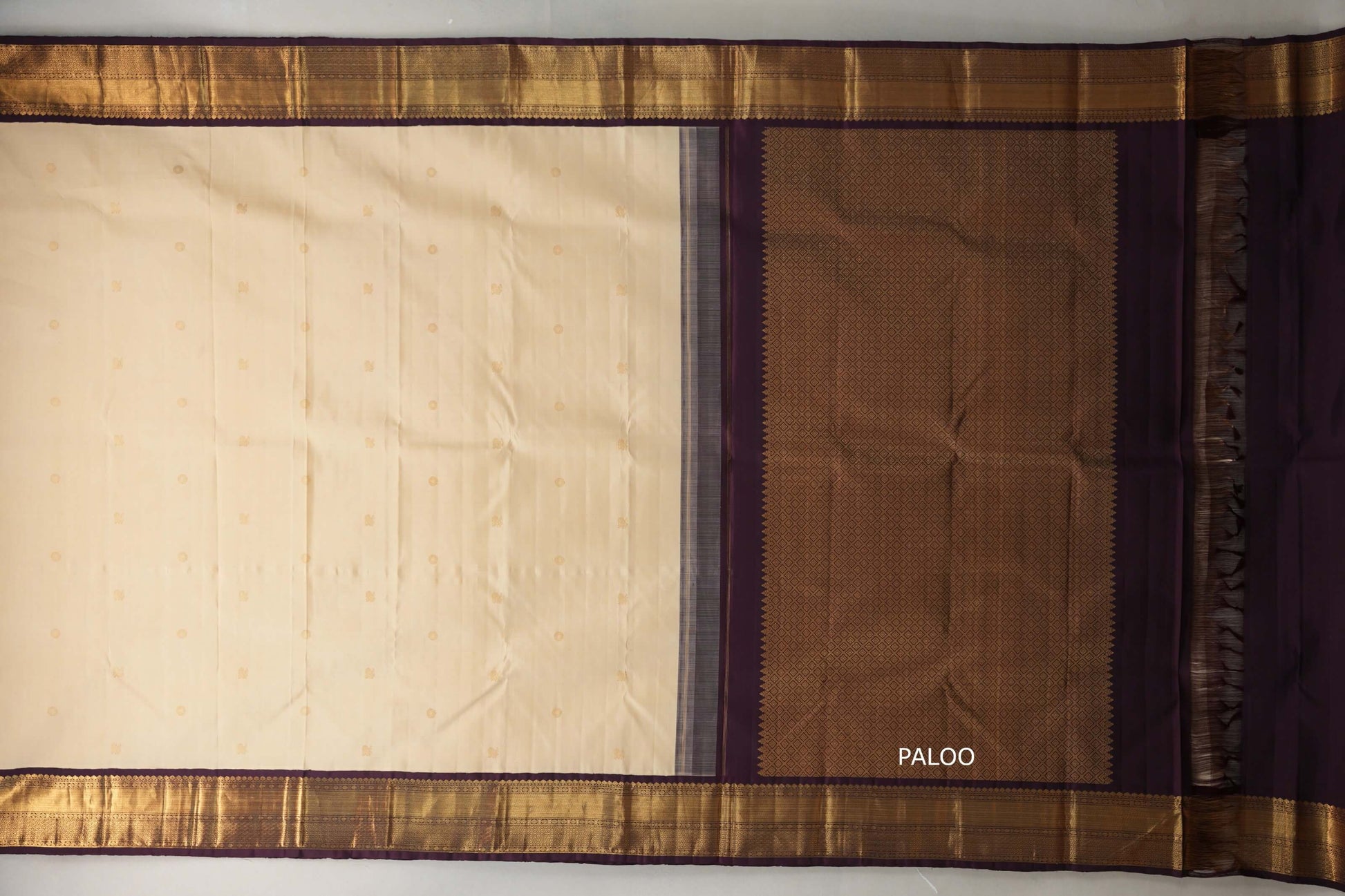 Sandal Cream and Deep Plum Borders Plant Based Kanjivaram Silk Saree paloo