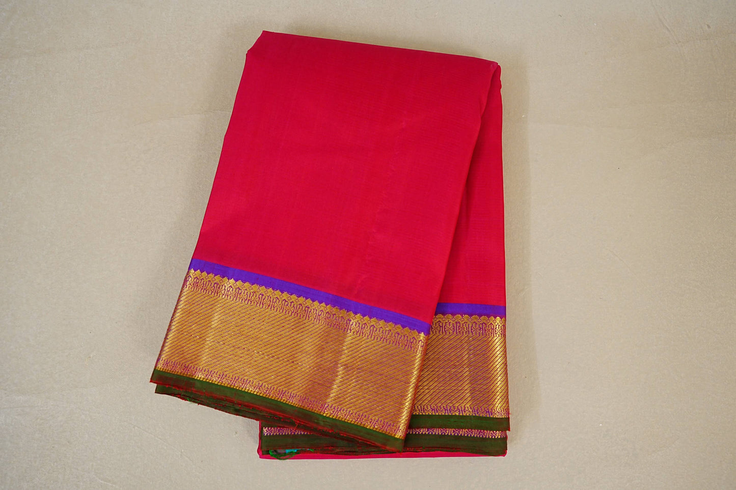 folded Reddish Pink with Violet Kanjivaram Silk Saree 