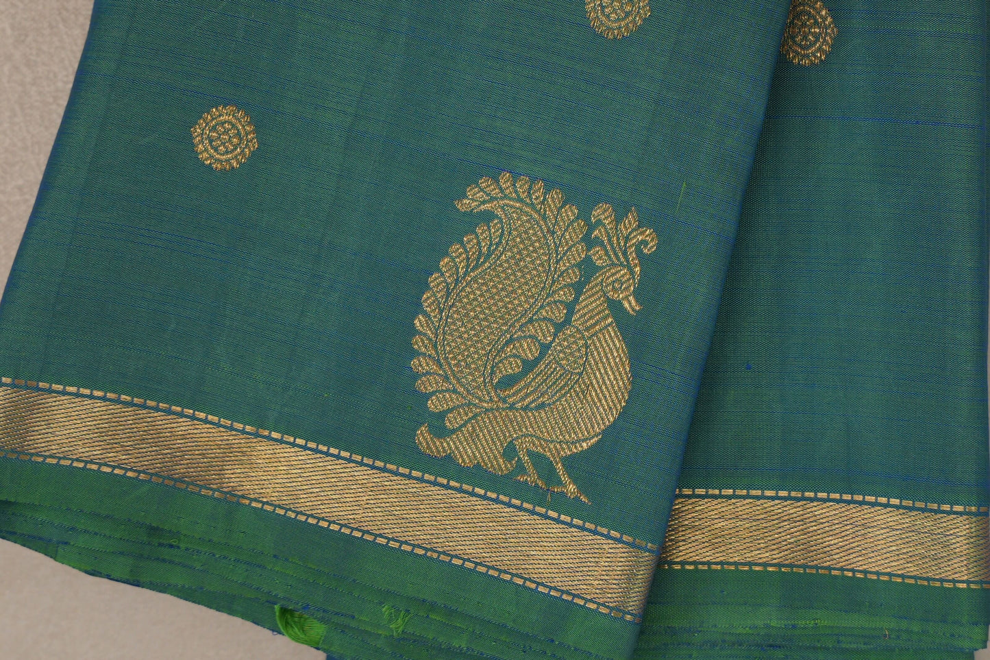 Dual Tone of Parrot Green & Classic Blue Plant Based Kanjivaram Silk Saree border