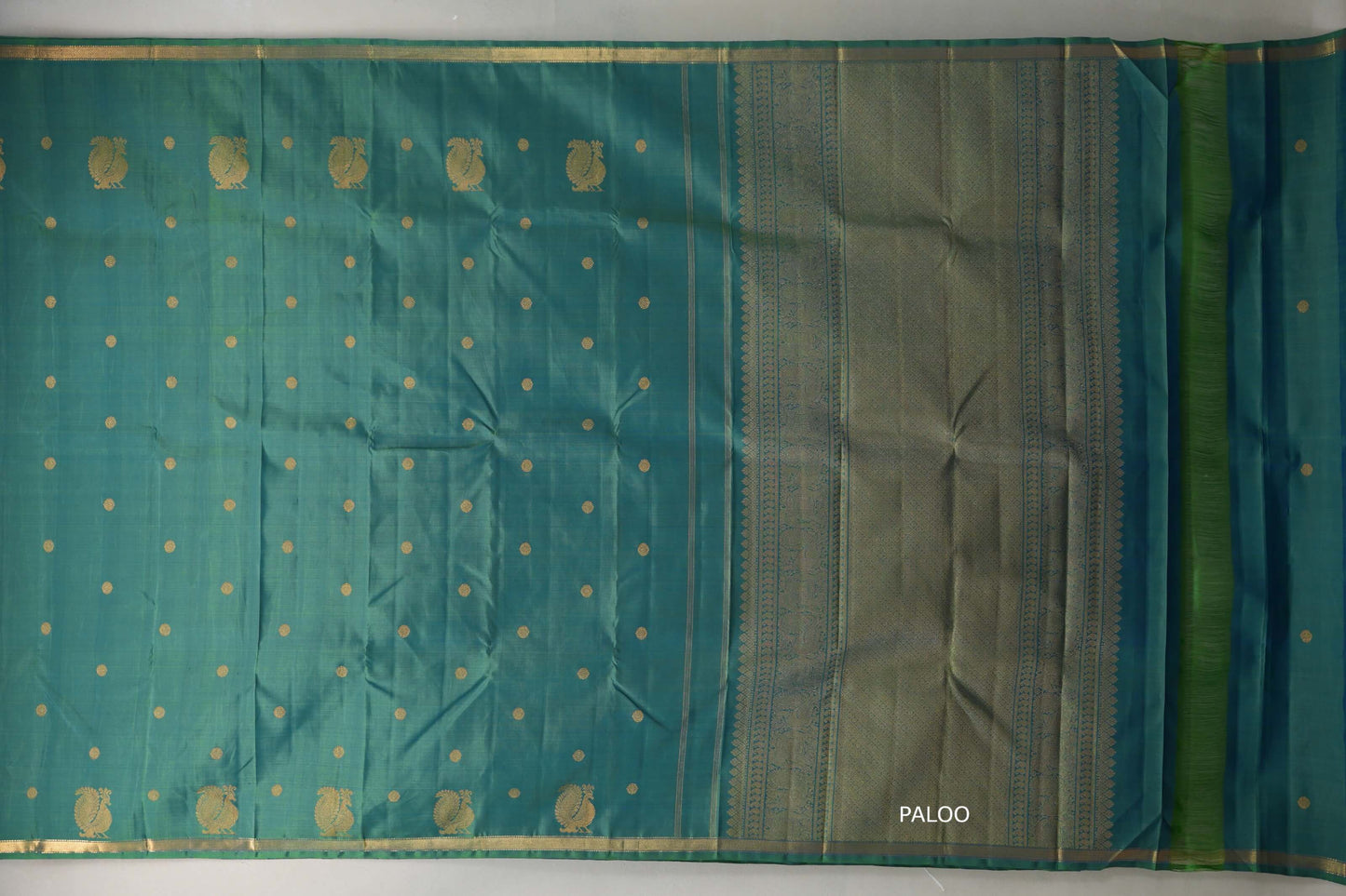 Dual Tone of Parrot Green & Classic Blue Plant Based Kanjivaram Silk Saree paloo