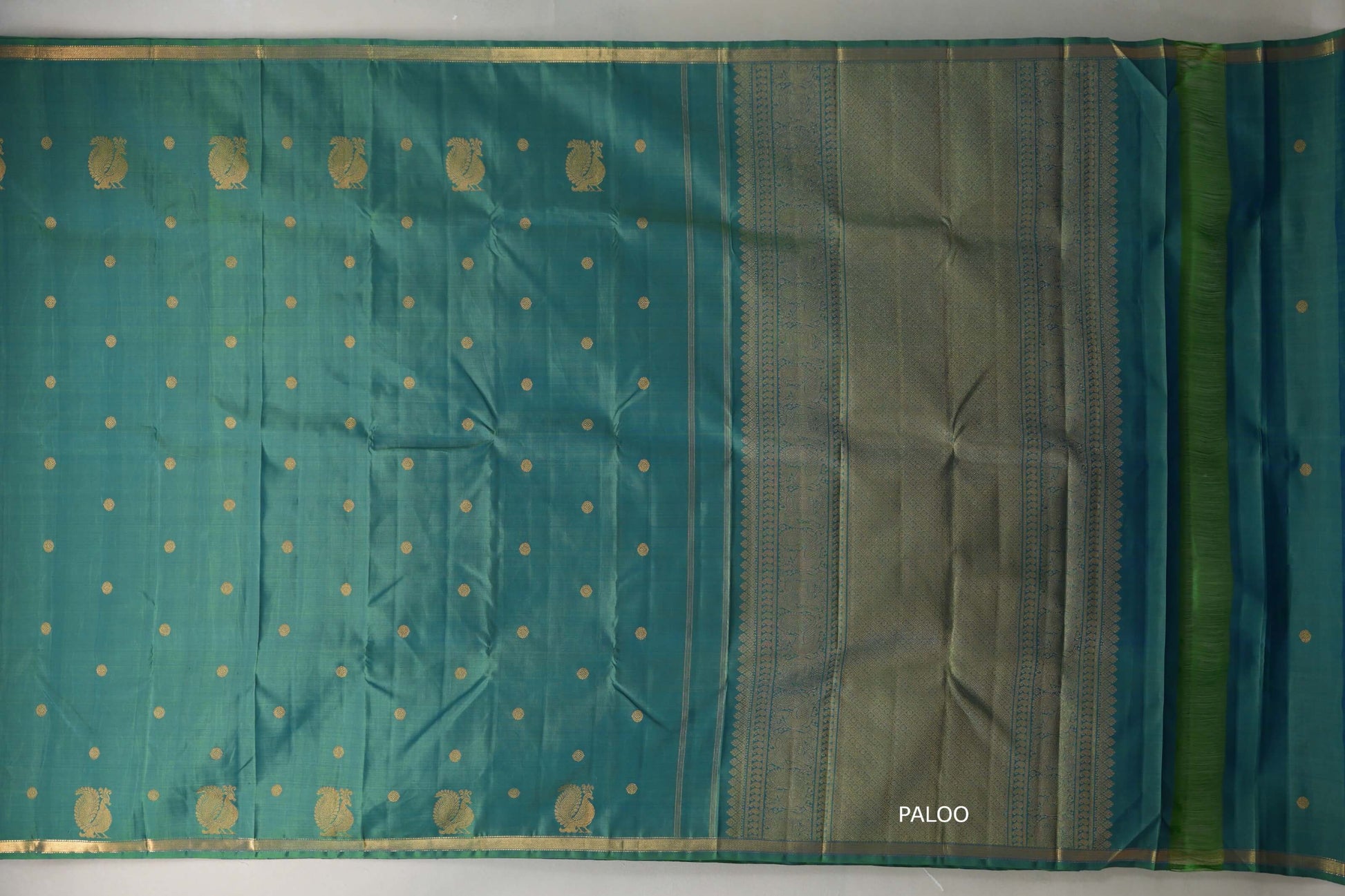 Dual Tone of Parrot Green & Classic Blue Plant Based Kanjivaram Silk Saree paloo