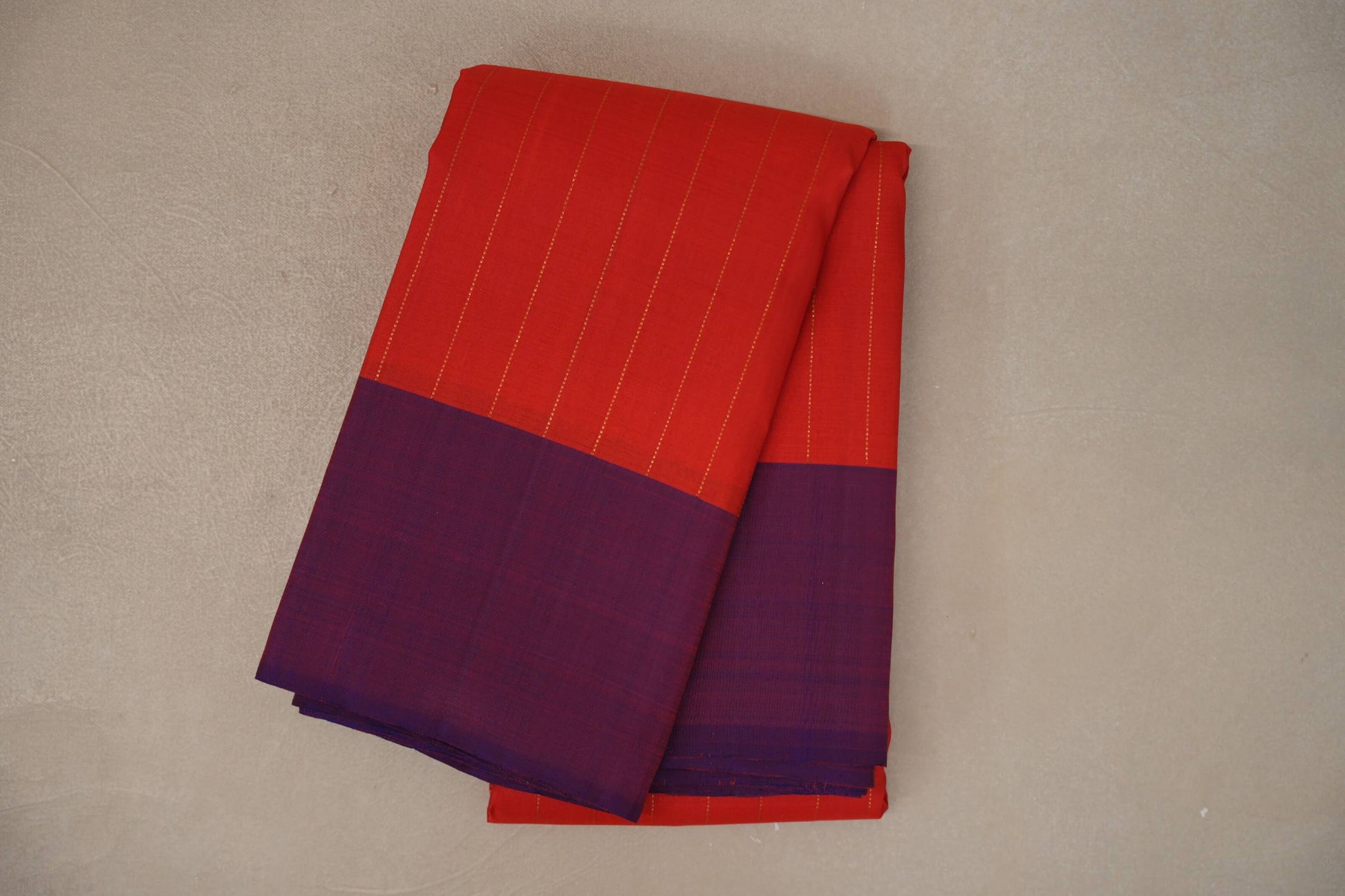 Tomato Red with Dual Tone of Red & Blue Borders Plant Based Kanjivaram Silk Saree