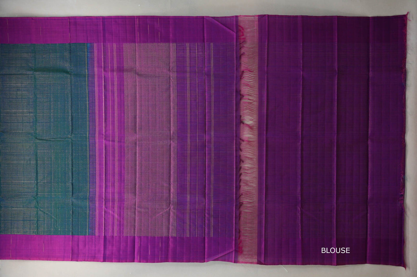 Peacock Blue with Dual Tone of Blue & Magenta Borders Plant Based Kanjivaram Silk Saree blouse