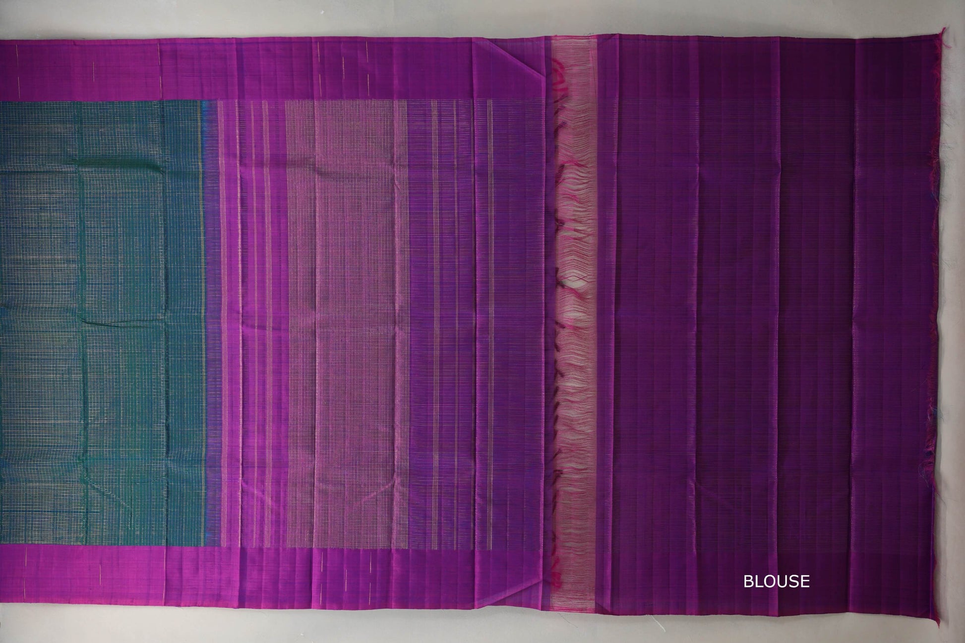 Peacock Blue with Dual Tone of Blue & Magenta Borders Plant Based Kanjivaram Silk Saree blouse