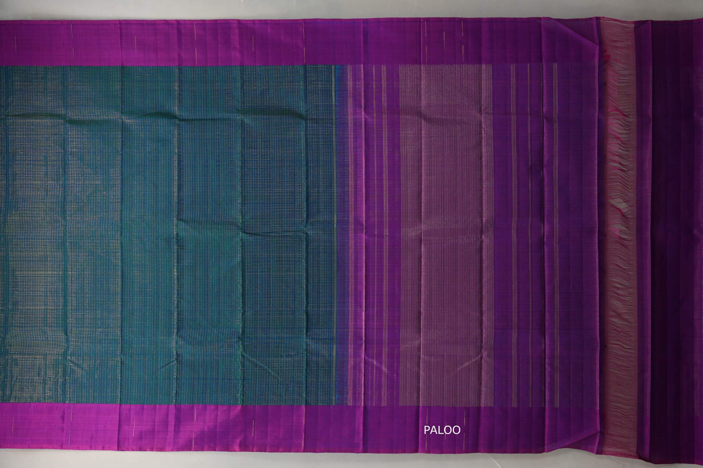 Peacock Blue with Dual Tone of Blue & Magenta Borders Plant Based Kanjivaram Silk Saree paloo