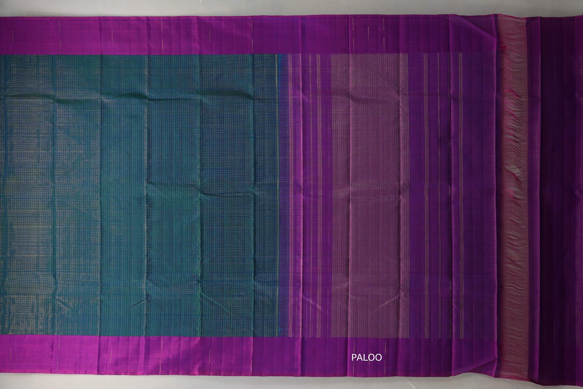 Peacock Blue with Dual Tone of Blue & Magenta Borders Plant Based Kanjivaram Silk Saree paloo
