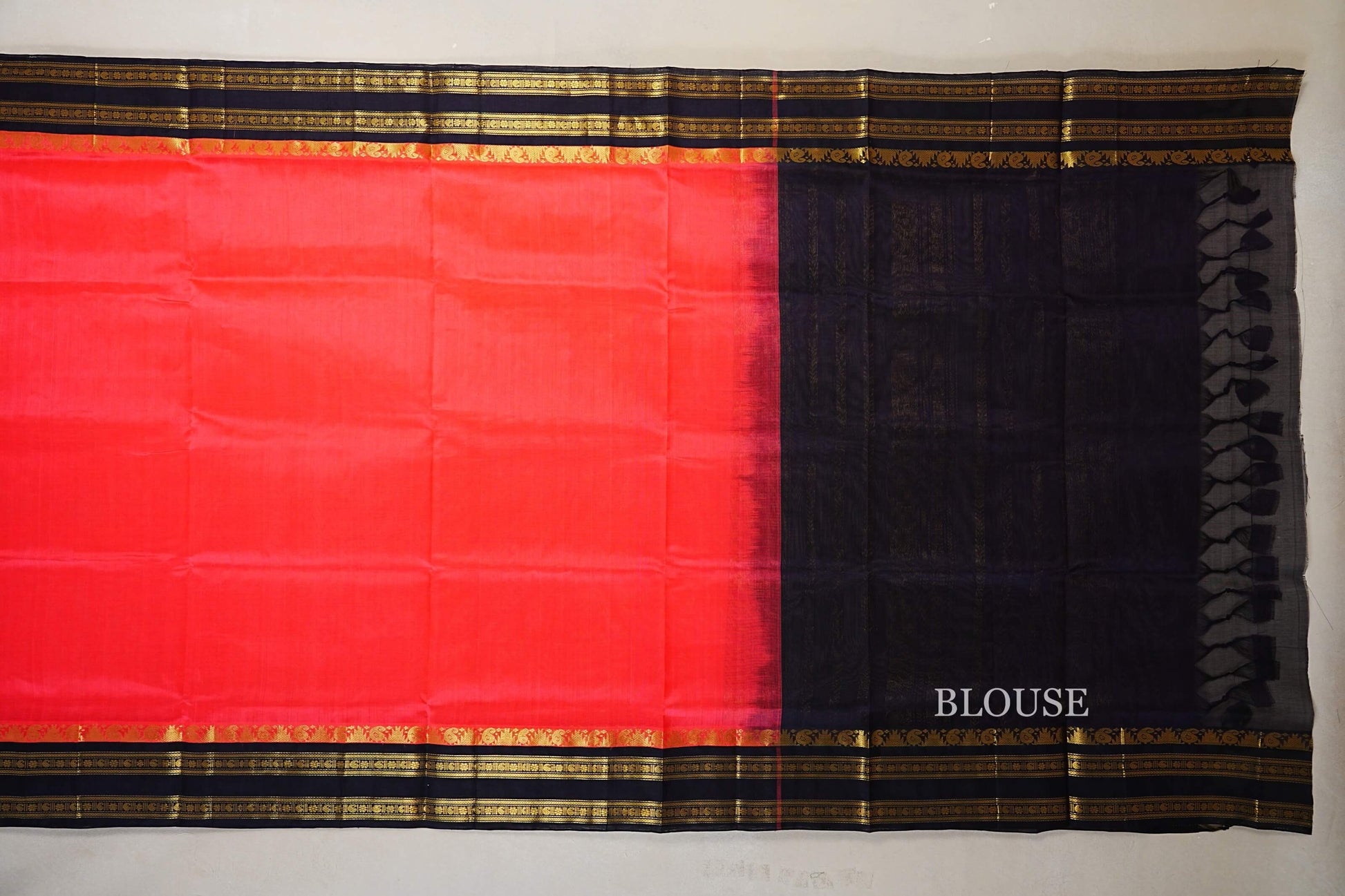 Bright Orangish Pink with Black Borders Silk Cotton Saree blouse
