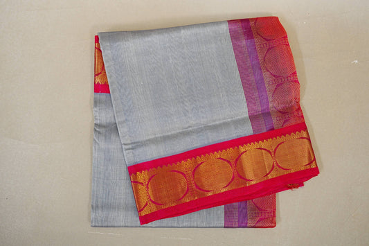 Silver Grey with Rani Pink Borders Silk Cotton Saree  folded