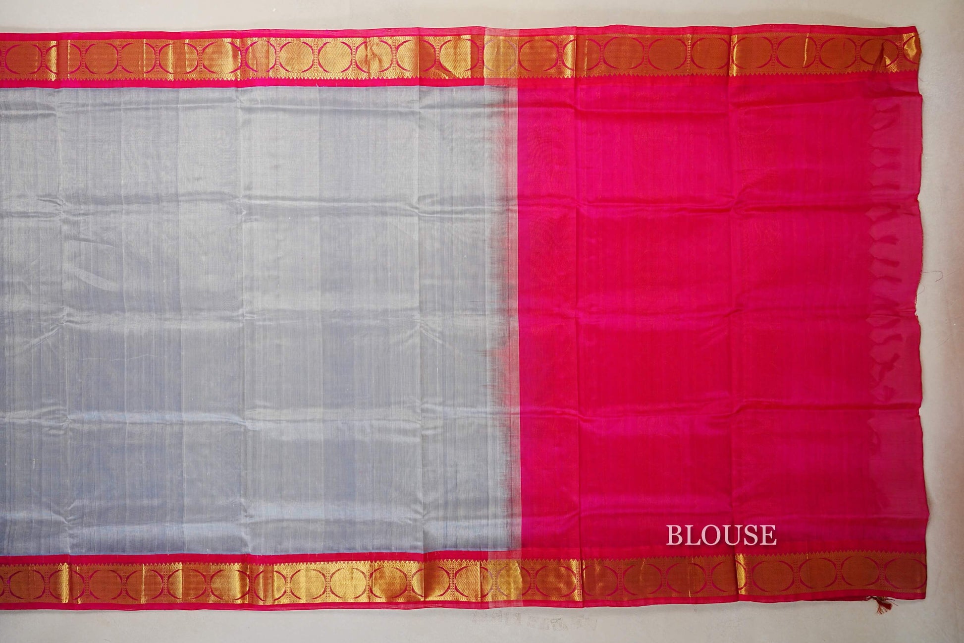 Silver Grey with Rani Pink Borders Silk Cotton Saree  blouse