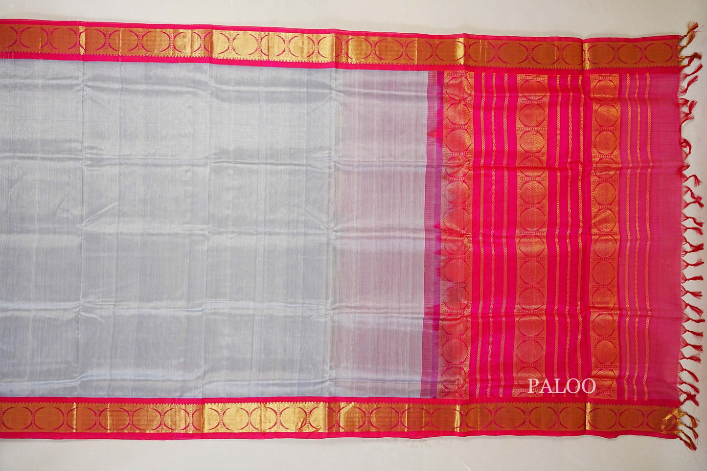Silver Grey with Rani Pink Borders Silk Cotton Saree  paloo