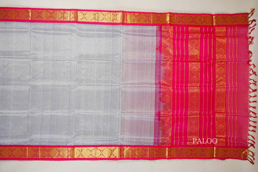 Silver Grey with Rani Pink Borders Silk Cotton Saree  paloo