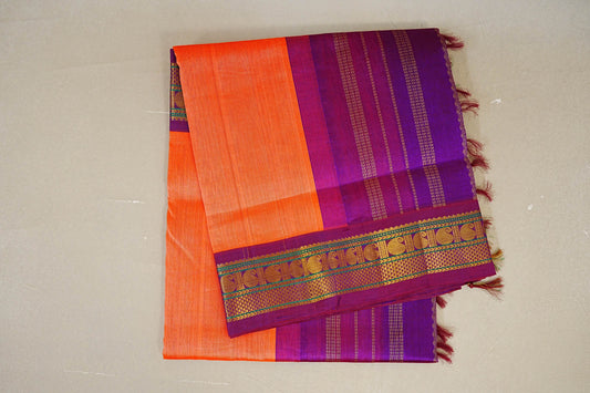 folded Peach with Purple Borders Silk Cotton Saree 