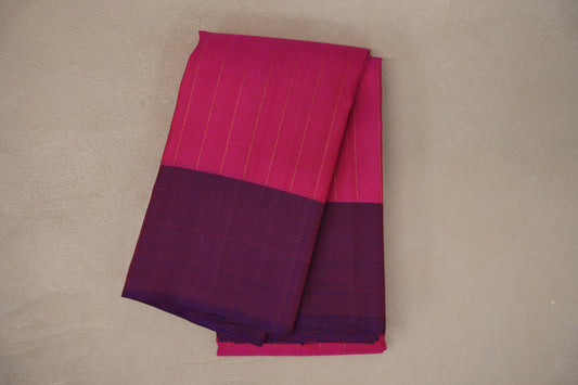 Bright Pink with Dual Tone of Orange & Deep Blue Borders Plant Based Kanjivaram Silk Saree
