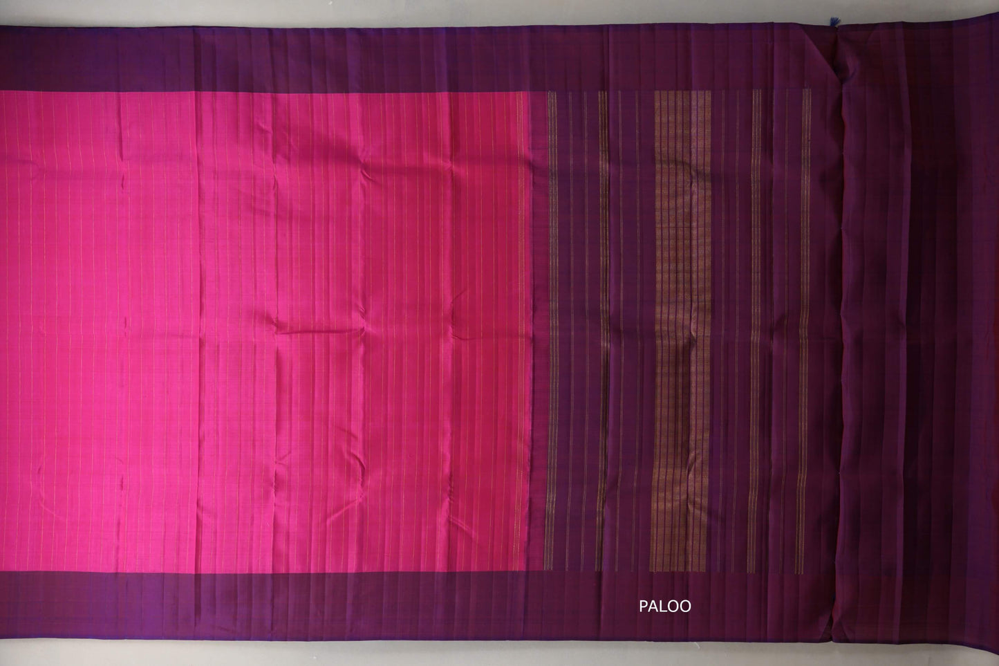Bright Pink with Dual Tone of Orange & Deep Blue Borders Plant Based Kanjivaram Silk Saree paloo