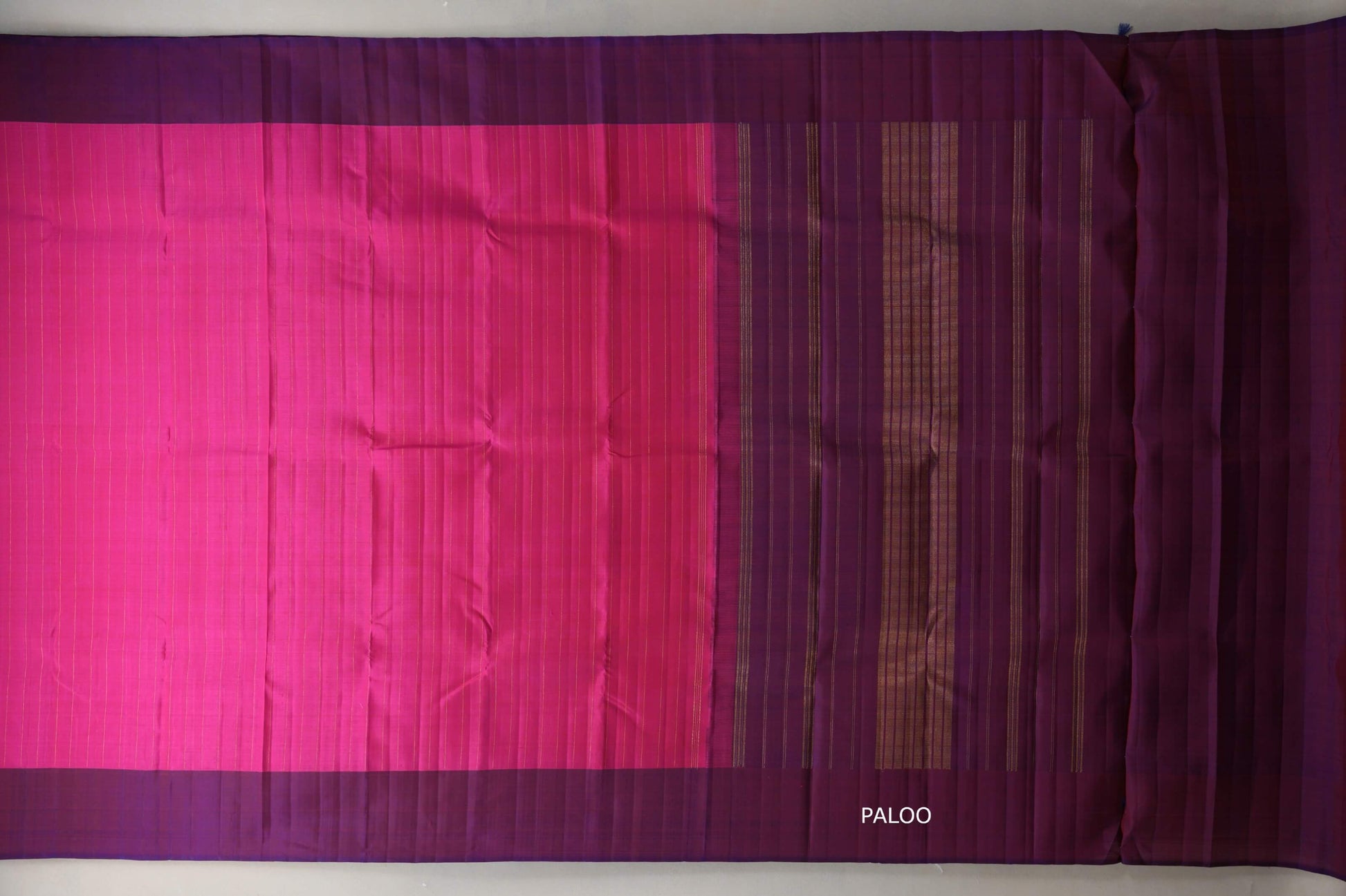 Bright Pink with Dual Tone of Orange & Deep Blue Borders Plant Based Kanjivaram Silk Saree paloo