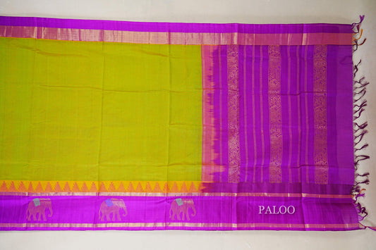 Parrot Green with Dark Magenta Borders Silk Cotton Saree paloo
